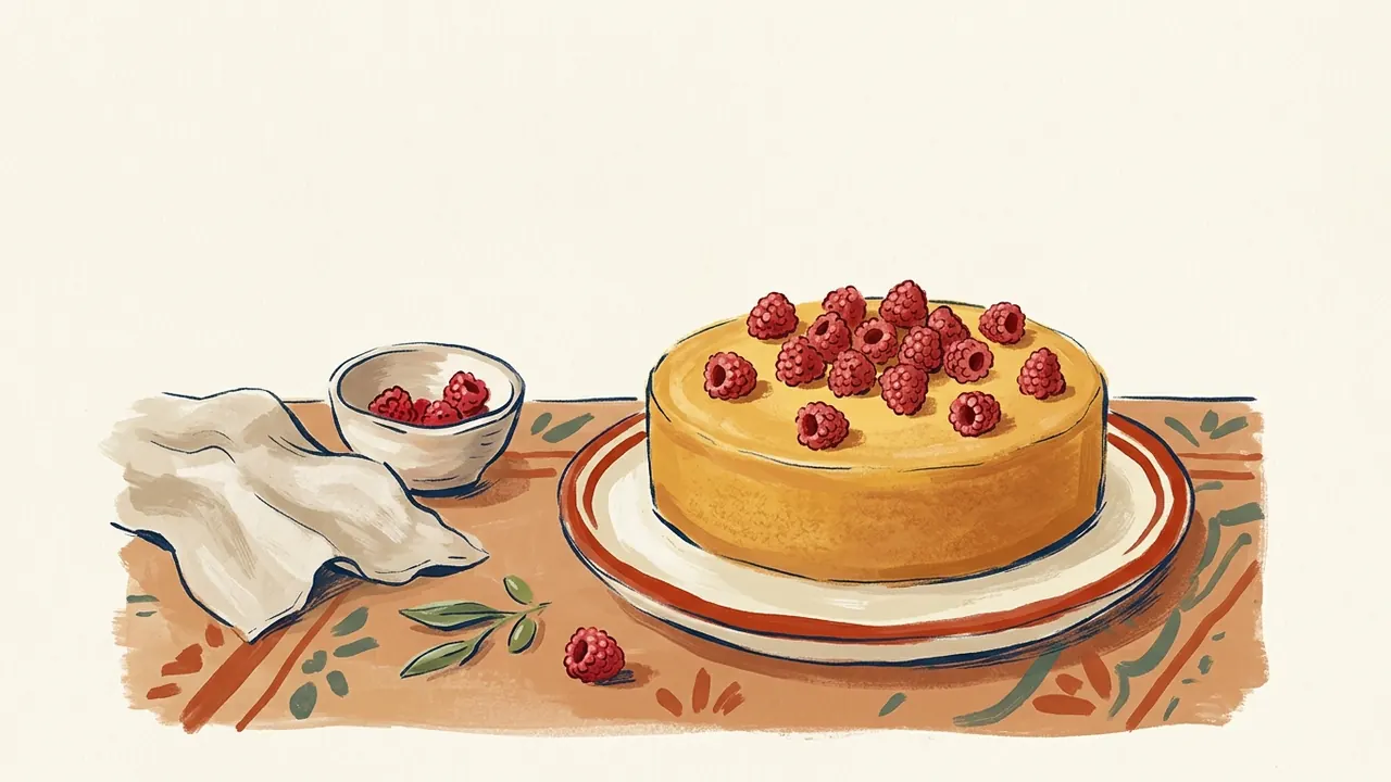Tarta redonda decorada con frambuesas sobre un plato, junto a un cuenco de fruta y una servilleta.