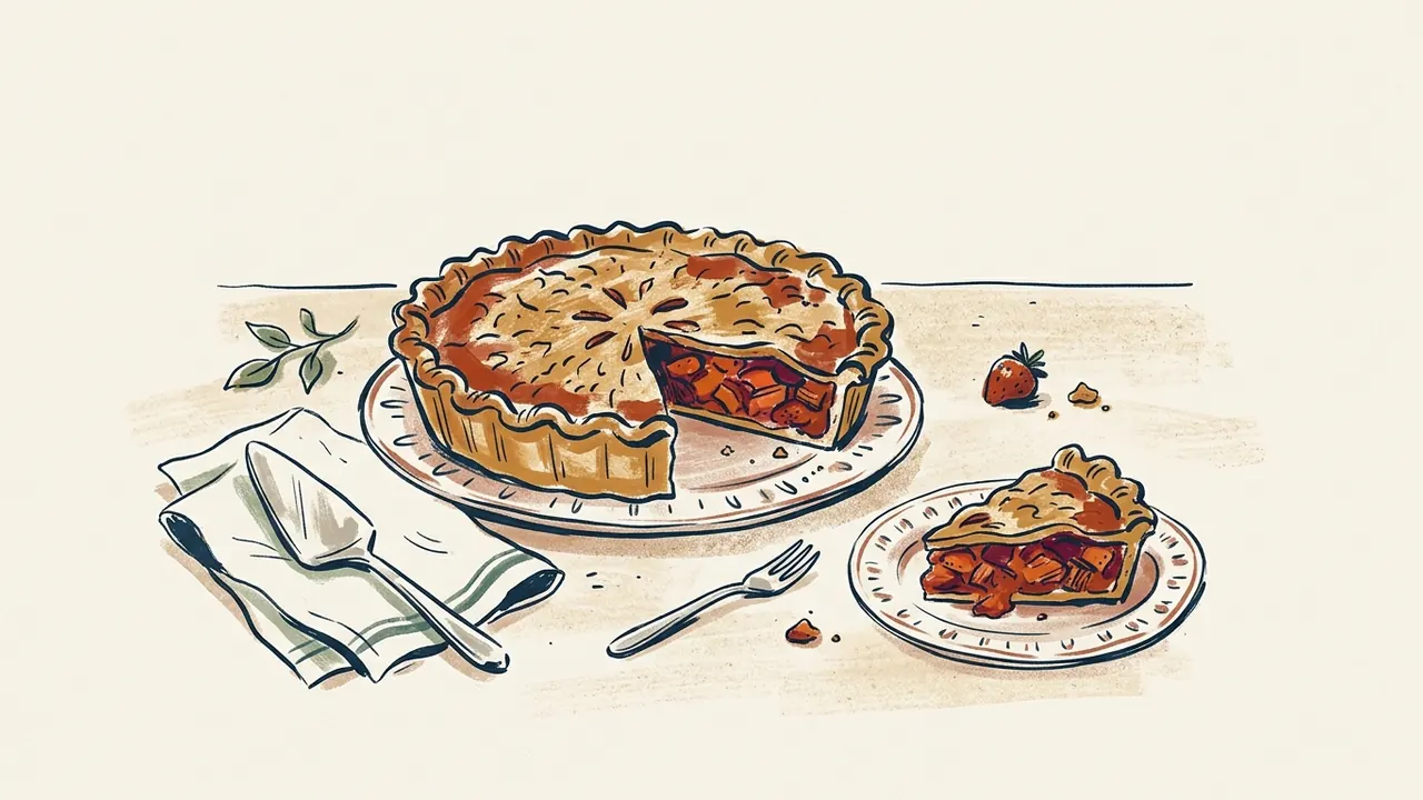 Tarta de fresa y ruibarbo con una porción servida en un plato.