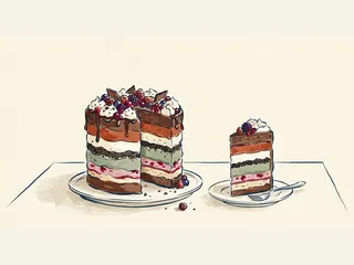 Tarta de helado en capas con una porción servida y frutos de decoración.