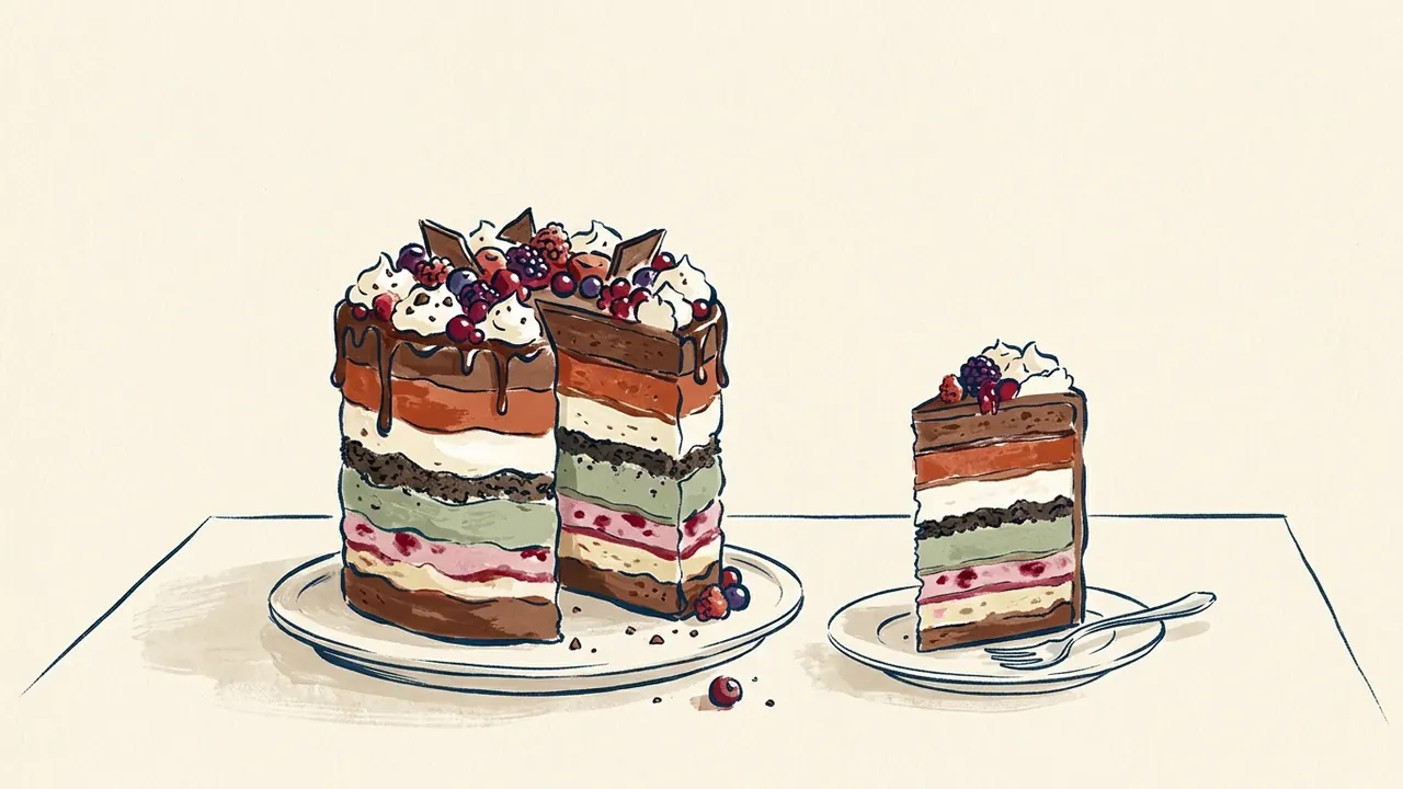 Tarta de helado en capas con una porción servida y frutos de decoración.