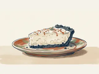 Porción de tarta helada de vainilla con base de galleta oscura sobre un plato.