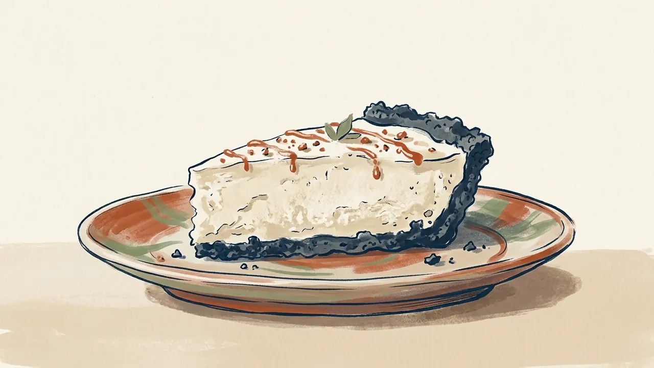 Porción de tarta helada de vainilla con base de galleta oscura sobre un plato.