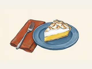 Porción de tarta de limón y merengue sobre un plato azul.