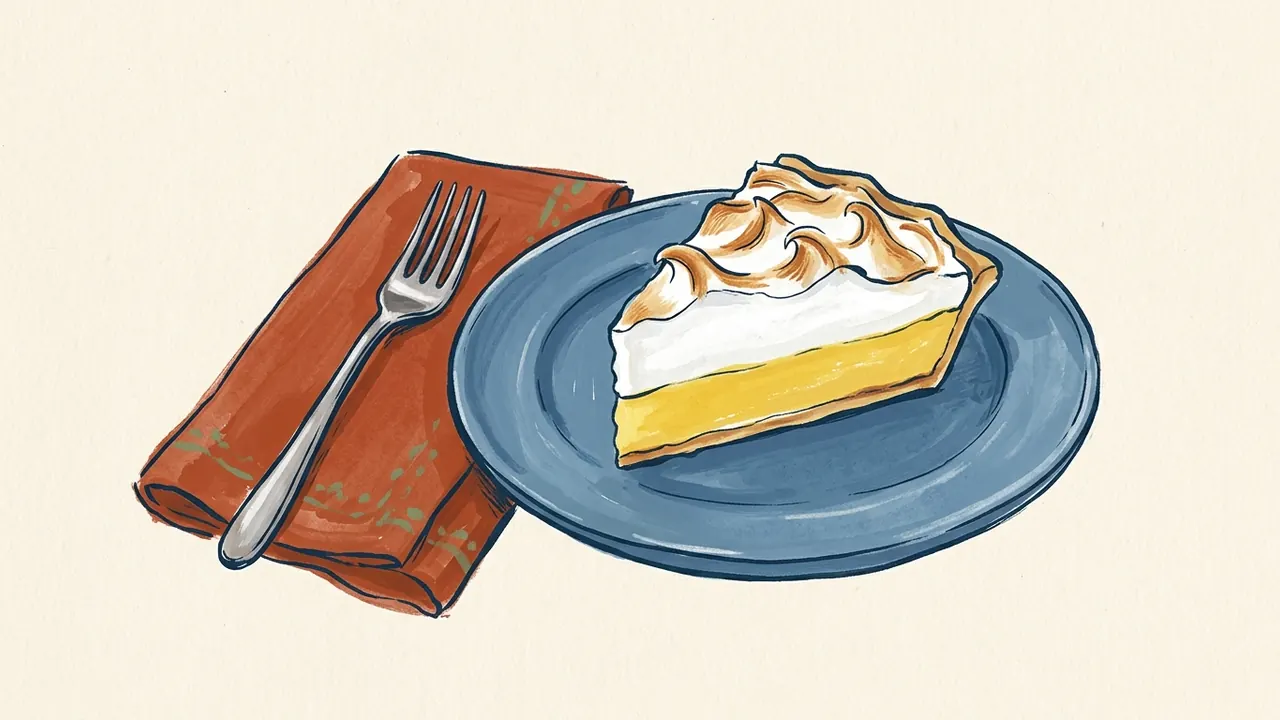 Porción de tarta de limón y merengue sobre un plato azul.