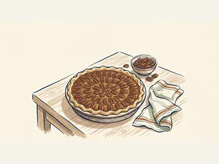 Tarta de pecanas entera junto a un cuenco de nueces pecanas y un paño.