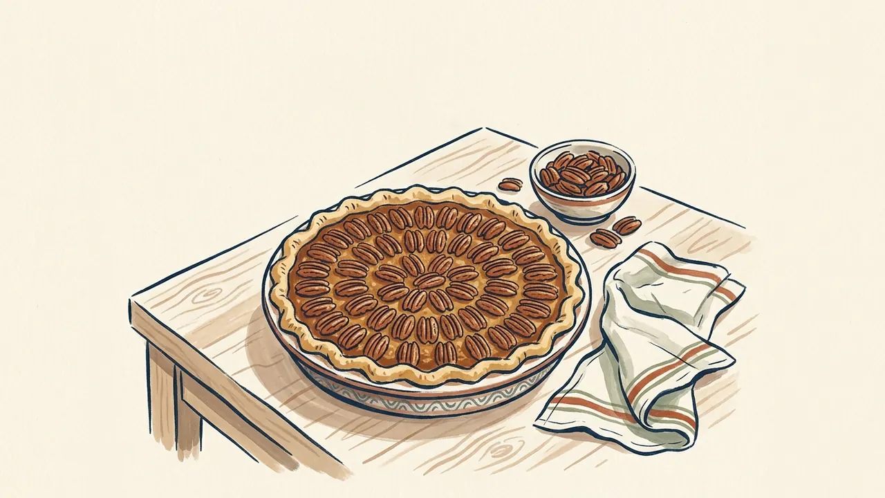 Tarta de pecanas entera junto a un cuenco de nueces pecanas y un paño.