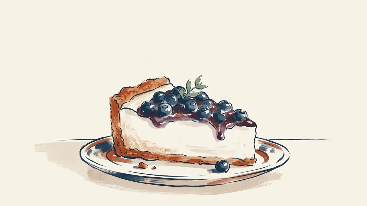 Porción de tarta de queso con arándanos sobre un plato.