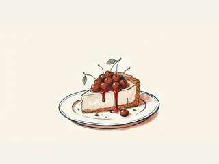 Porción de tarta de queso cubierta de cerezas sobre un plato.