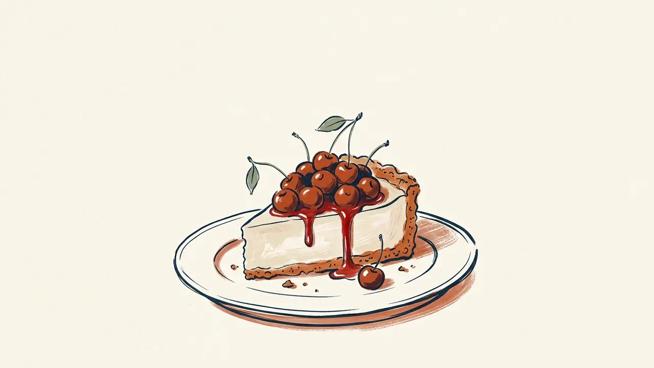 Porción de tarta de queso cubierta de cerezas sobre un plato.