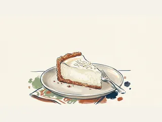 Porción de tarta de queso con chocolate blanco y virutas claras sobre un plato.