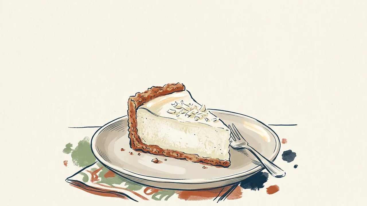 Porción de tarta de queso con chocolate blanco y virutas claras sobre un plato.