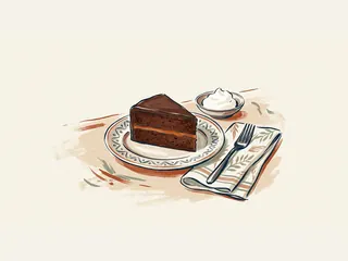 Porción de tarta de chocolate con una capa de mermelada de albaricoque y nata aparte.