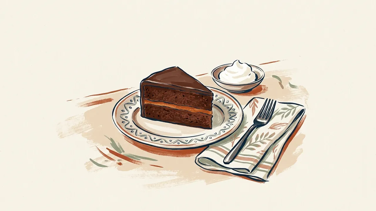 Porción de tarta de chocolate con una capa de mermelada de albaricoque y nata aparte.