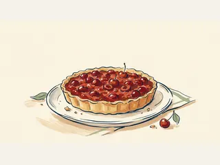 Tartaleta abierta de cerezas sobre un plato.