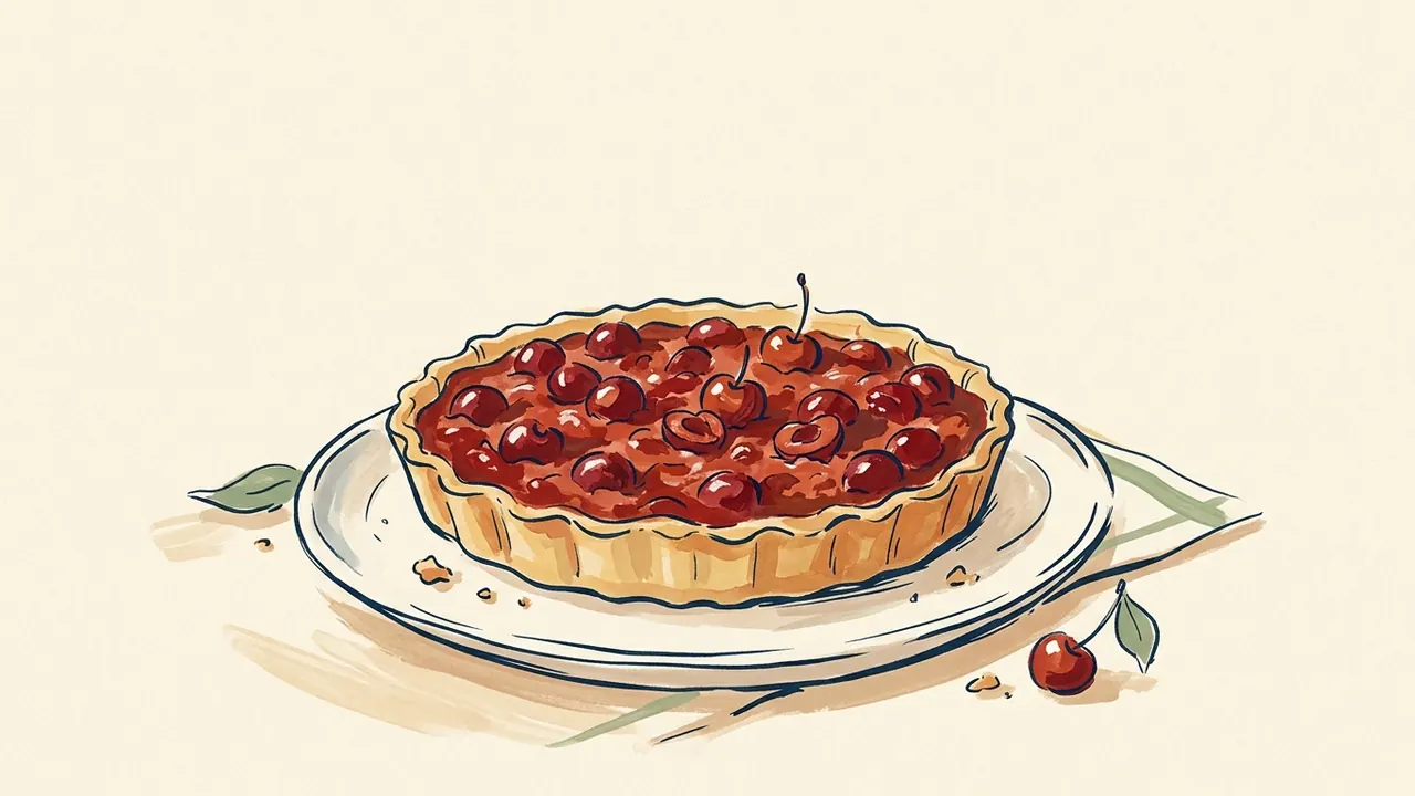 Tartaleta abierta de cerezas sobre un plato.