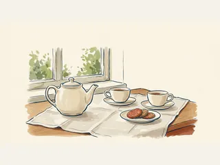 Tetera crema, dos tazas de té y un plato de galletas junto a una ventana.