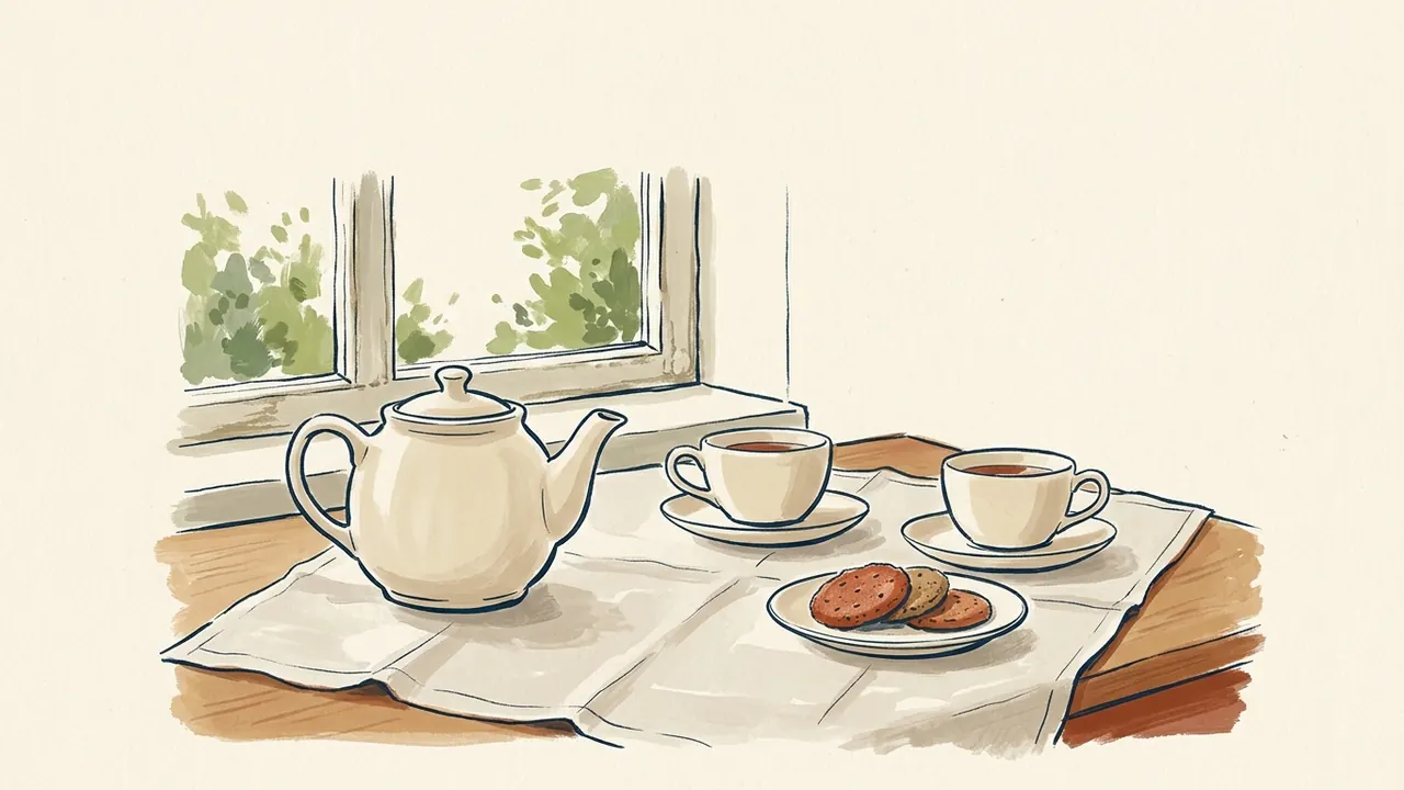 Tetera crema, dos tazas de té y un plato de galletas junto a una ventana.