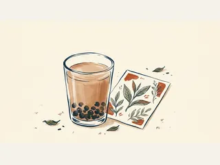 Un vaso de té con perlas oscuras de tapioca junto a una tarjeta con hojas dibujadas.