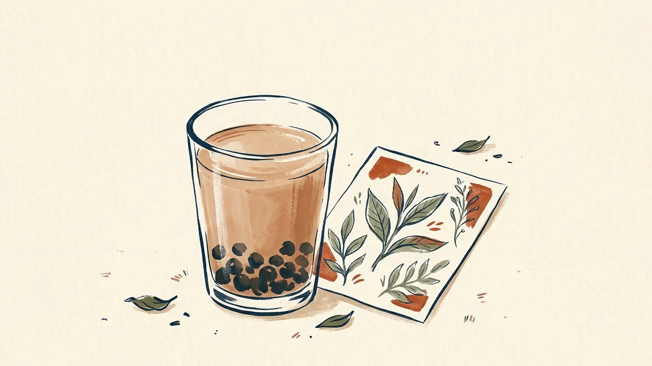 Un vaso de té con perlas oscuras de tapioca junto a una tarjeta con hojas dibujadas.