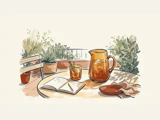Una jarra y un vaso de té con hielo sobre una mesa de terraza junto a un cuaderno.