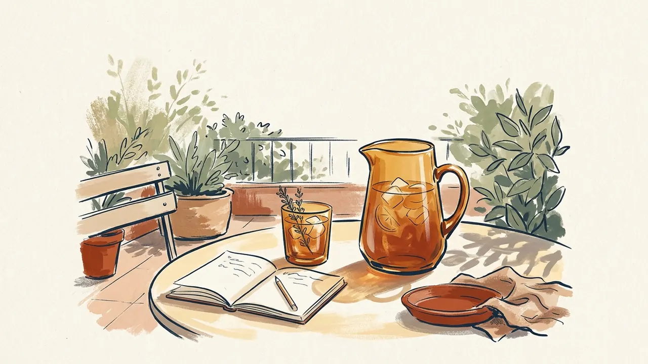 Una jarra y un vaso de té con hielo sobre una mesa de terraza junto a un cuaderno.
