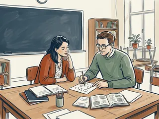 Dos docentes preparan una explicación con figuras geométricas en una mesa de un aula ilustrada.