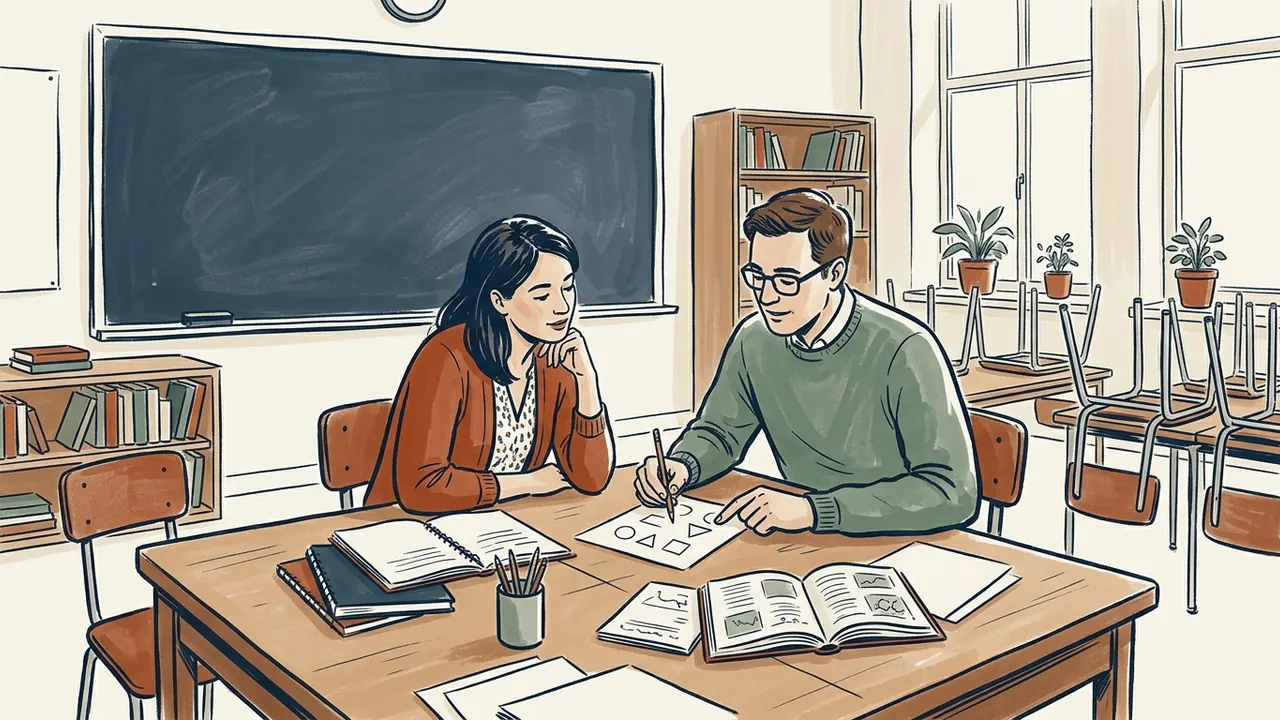 Dos docentes preparan una explicación con figuras geométricas en una mesa de un aula ilustrada.