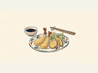 Plato de tempura con langostinos, verduras, salsa y palillos.
