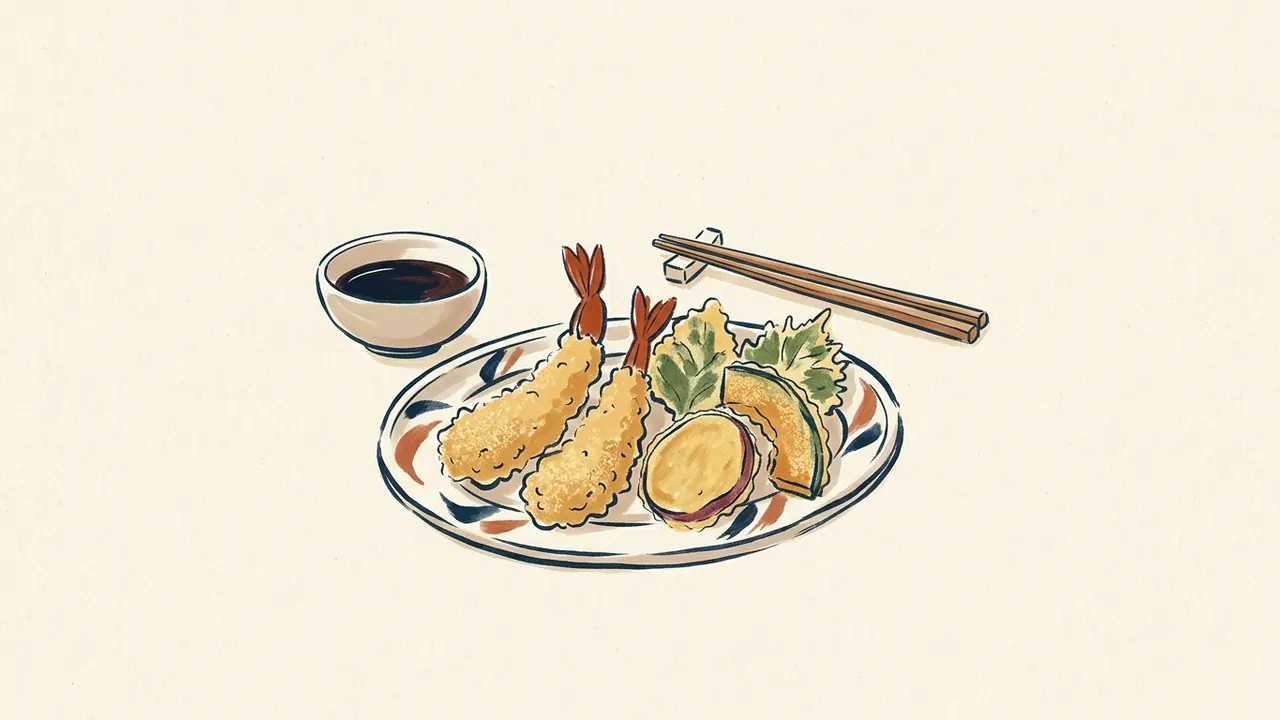 Plato de tempura con langostinos, verduras, salsa y palillos.