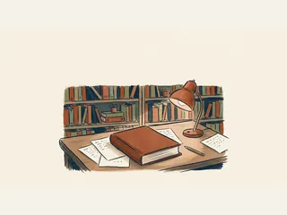 Un manuscrito encuadernado y hojas descansan en una mesa de estudio con lámpara y libros.