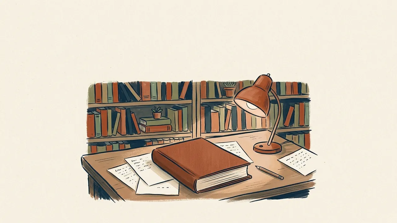Un manuscrito encuadernado y hojas descansan en una mesa de estudio con lámpara y libros.