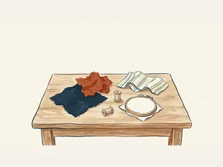 Retales de tela, dos carretes de madera y un bastidor sobre una mesa.