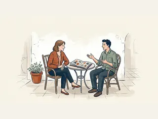 Dos adultos conversan en un patio junto a una mesa con un álbum abierto.
