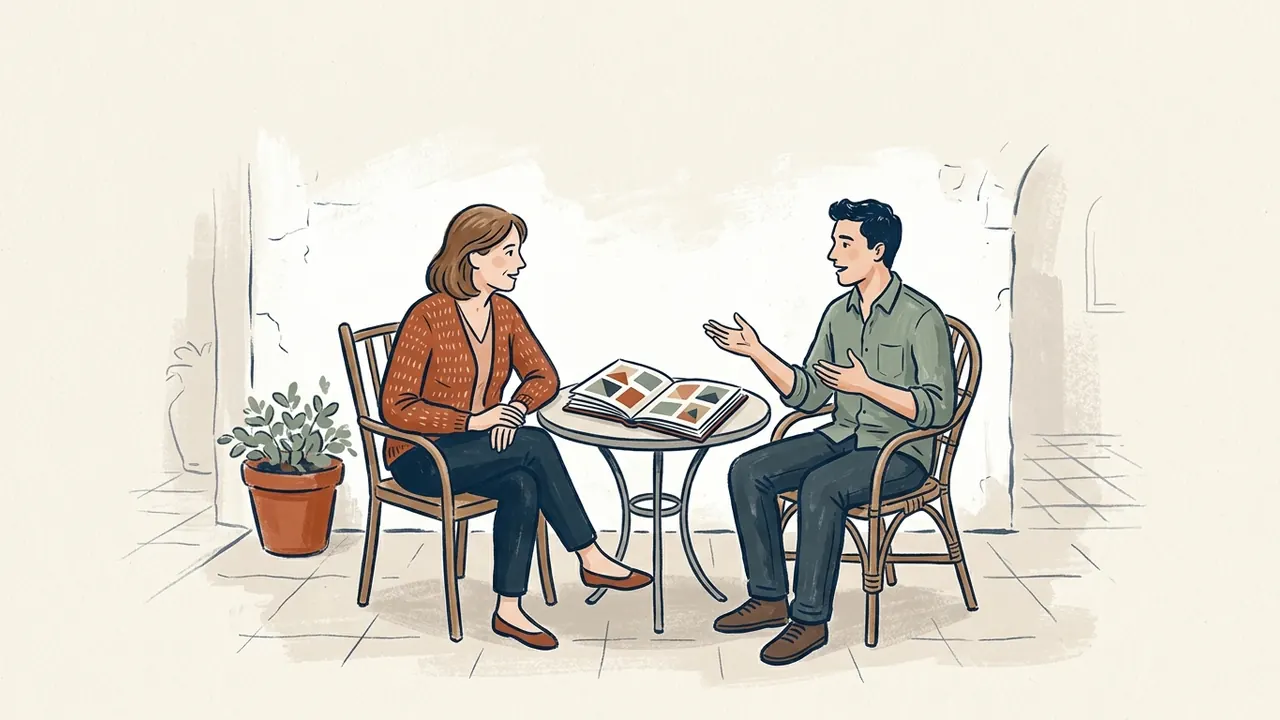 Dos adultos conversan en un patio junto a una mesa con un álbum abierto.