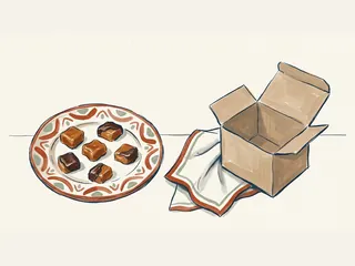 Seis piezas de toffee, algunas con chocolate, en un plato junto a una caja vacía y una servilleta.