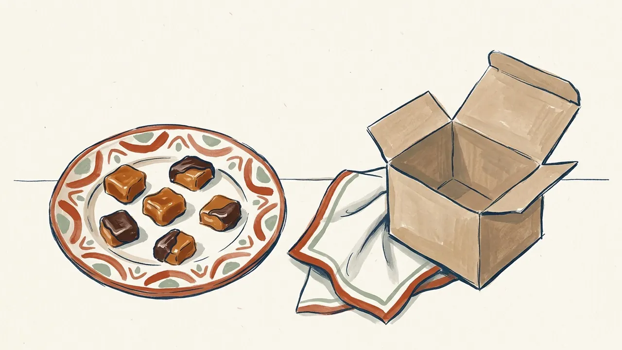 Seis piezas de toffee, algunas con chocolate, en un plato junto a una caja vacía y una servilleta.