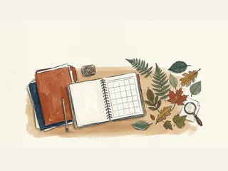 Un planificador abierto con casillas vacías, cuadernos y hojas sobre una mesa.