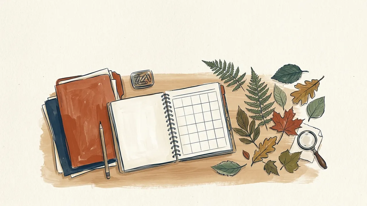 Un planificador abierto con casillas vacías, cuadernos y hojas sobre una mesa.