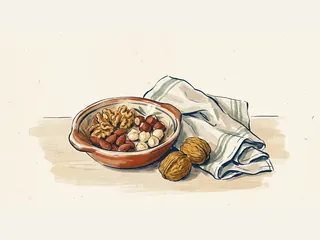 Cuenco con nueces, almendras y avellanas junto a dos nueces con cáscara y un paño