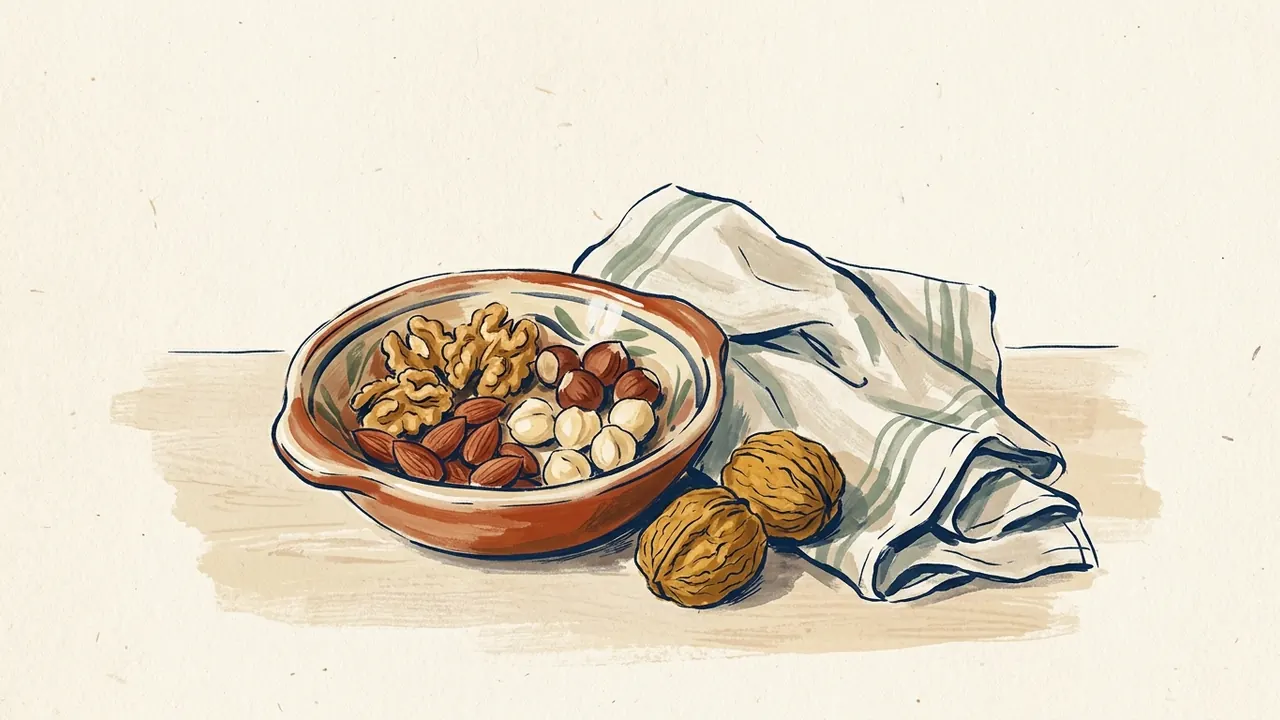 Cuenco con nueces, almendras y avellanas junto a dos nueces con cáscara y un paño