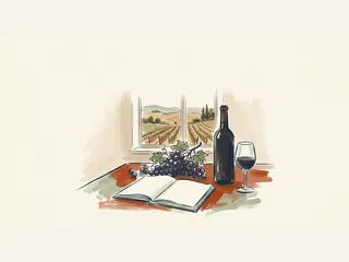 Un cuaderno abierto, uvas, una botella sin etiqueta y una copa de vino se sitúan ante una ventana al viñedo.