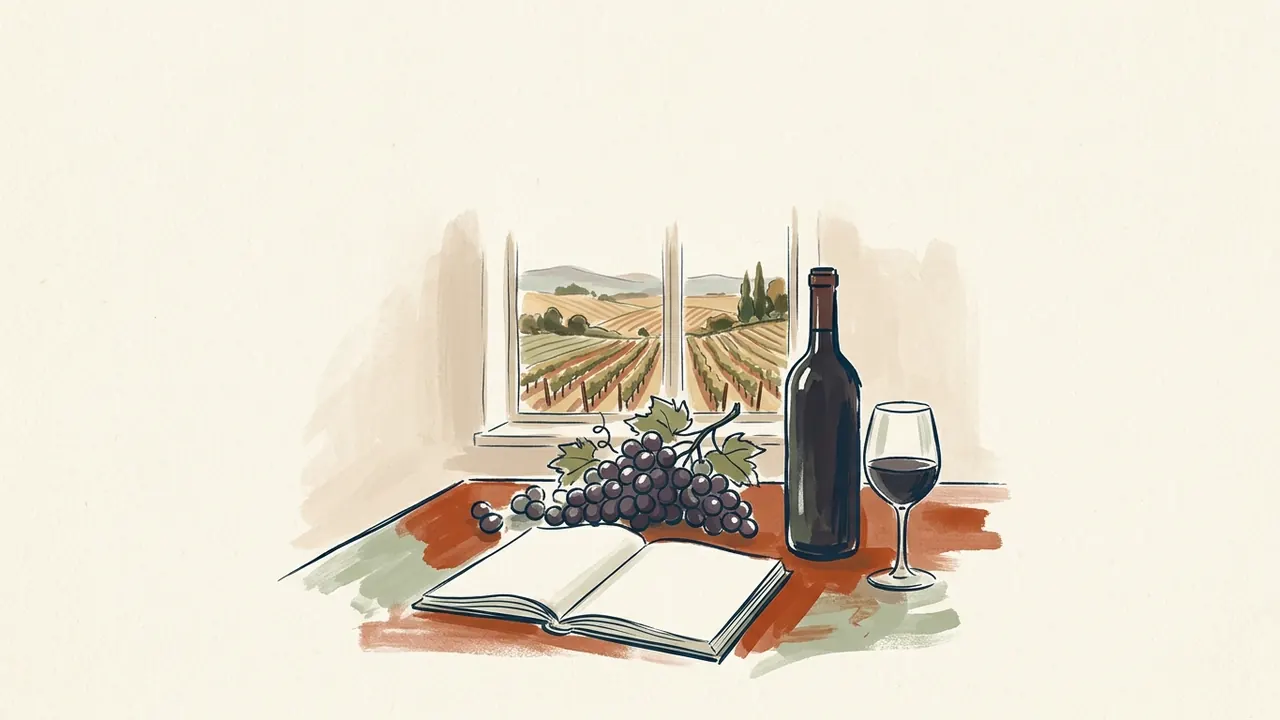 Un cuaderno abierto, uvas, una botella sin etiqueta y una copa de vino se sitúan ante una ventana al viñedo.