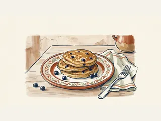 Tres tortitas con arándanos en un plato cerámico junto a un tenedor y una servilleta