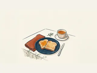 Dos tostadas doradas, una con mermelada, junto a una taza de té.