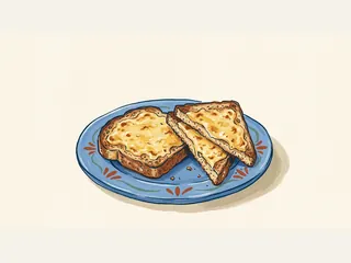 Tostadas con queso fundido sobre un plato azul.