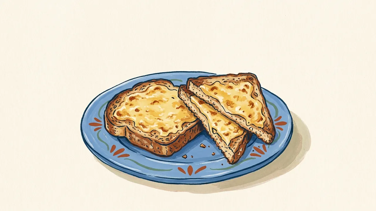 Tostadas con queso fundido sobre un plato azul.
