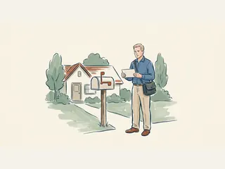 Profesional de reparto postal con un sobre junto a un buzón residencial estadounidense.