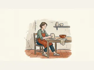 Ilustración de una artesana sentada en su taller, sosteniendo una pieza de cerámica.