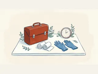 Maletín, vendas, guantes y reloj en una ilustración de preparación sanitaria.
