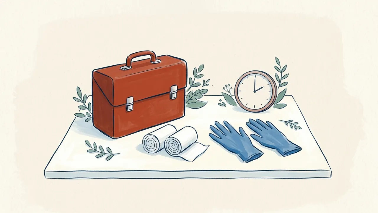 Maletín, vendas, guantes y reloj en una ilustración de preparación sanitaria.